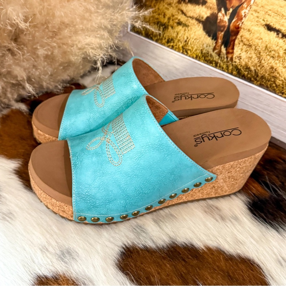 Corkys Turquoise Open-Toe Cork Wedge Slide Sandals